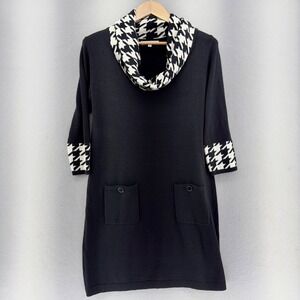 Sandra Darren Retro Sweater Dress Cowl Neck Houndstooth Pockets Black SZ Large